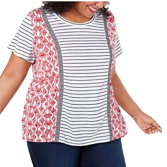 Style & Co. Tops - Style & Co Mixed Media Scoop Neck Short Sleeve Top